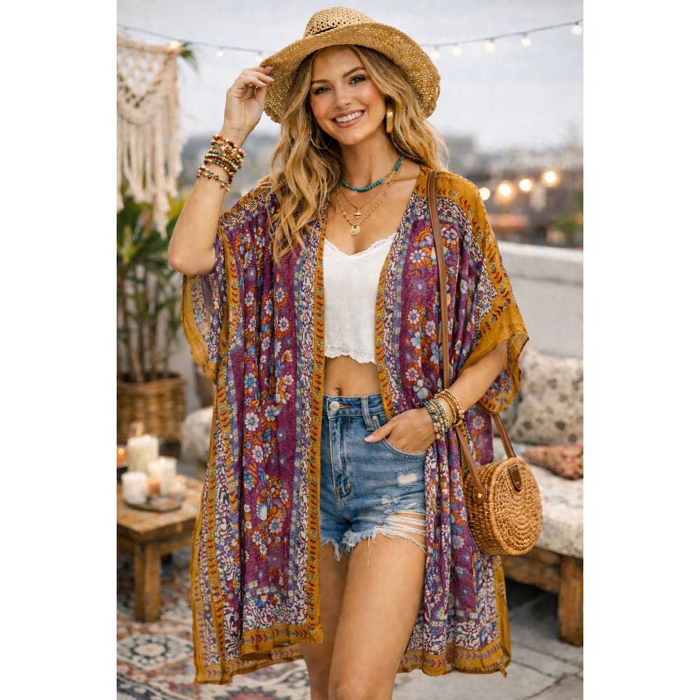 NATURAL LIFE Floral Kimono Cardigan - Purple & Mustard